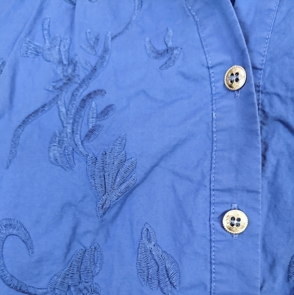 Soft Surroundings Blouse Blue Embroidered Front, Soft Jersey Sleeves and Back - Picture 5 of 7